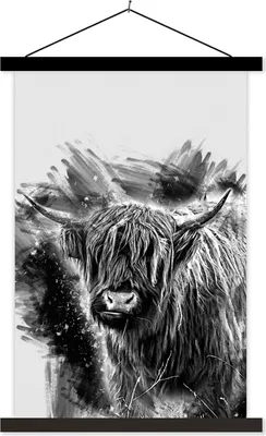 Produktbild von MuchoWow® Textilposter Schottisches Hochlandrind auf einem Zeichenhintergrund - schwarz und weiß 120x180 cm mit schwarzem Rahmen - Fotos