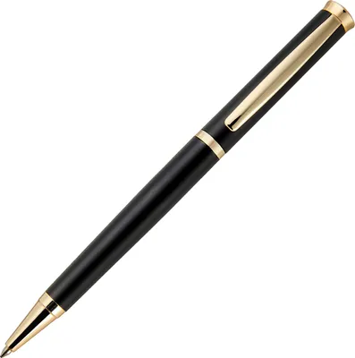 A black and gold pen is shown against a white background.