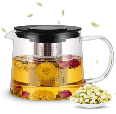 Teekanne 1,5 L mit Edelstahlfilter, hitzebeständig, Glas
