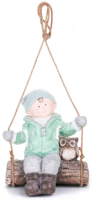 Productafbeelding van MagicHome Kerstfiguur, jongen op een schommel met een uil, hangend, keramiek, 34,5 x 25,5 x 39,5 cm
