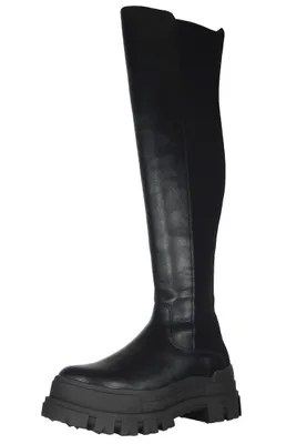 A black over-the-knee boot with a chunky sole, shown from the side against a white background.