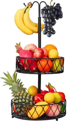Image de Panier à fruits à deux étages avec support pour bananes, pour un rangement peu encombrant