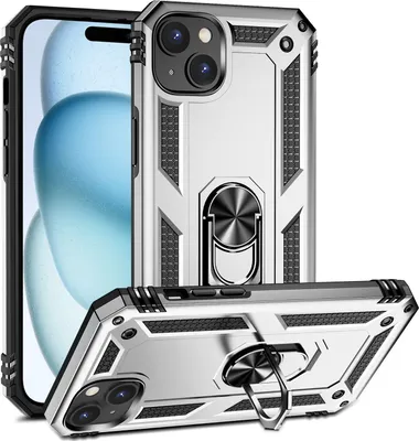 Produktbild von Schutzhülle für iPhone 15, Dual Layer Militäre Fallschutz Hülle mit Ringhalterung Ständer für iPhone 15 Silber