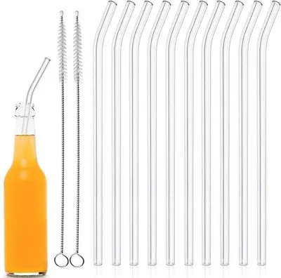 Zdjęcie produktu dla Słomki szklane, 10 sztuk, 20 cm, zakrzywione, idealne do koktajli – wielokrotnego użytku – z szczotkami do czyszczenia – do whisky, kawy, napojów gazowanych, wody.