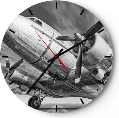 Produktbild von Wanduhr - Rund - Glasuhr - Flugzeug Retro Flugzeug - 30x30cm - Schleichendes Uhrwerk - Lautlos - zum Aufhängen bereit - Dekoration Modern - Wanddekoration aus Glas - C3AR30x30-4952