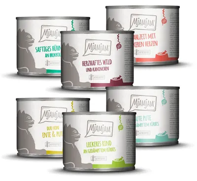 Produktbild von MjAMjAM leckere Mahlzeiten Mixpaket III für deine Katze, Adult, jede Rasse, Rind, Heidelbeere, Karotte, Huhn, Ente, Herz, Kürbis, Kaninchen, Türkei, 200 g, Getreidefrei