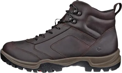 A side view of a brown leather hiking boot.