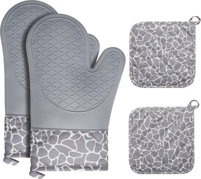 Produktbild von Ofenhandschuhe und Topflappen Set, Hitzebeständige 1 Paar Ofenhandschuhe und 2 Topflappen, Rutschfeste Silikonhandschuhe für Kochen, Backen und Grillen - Grau