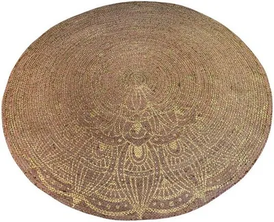 Produktbild von Unyqoos® Rundteppich aus Jute, handgeflochten Ø 120 cm – Gold mit Mandala-Lotusprint