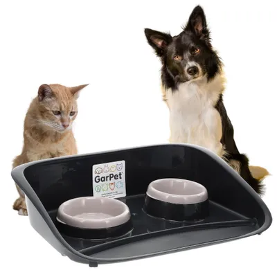 Produktbild von Hundenapf mit Unterlage Futternapf mit Spritzschutz Doppelnapf Hund Hundenapf Set mit Unterlage mit Rückwand Futterstation 2 Näpfe Napfunterlage erhöht Futterbar Katze