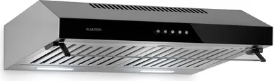 A stainless steel kitchen range hood with a black glass panel and touch controls, mounted against a white background.