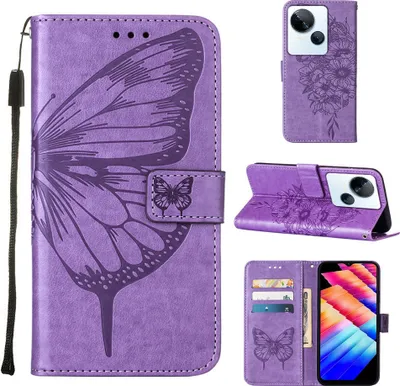 Produktbild von Lederhülle für Tecno Spark 10 5G Schmetterling Prägung Flip Ledertasche Kartenfächer Handyhülle mit Ständer Violett
