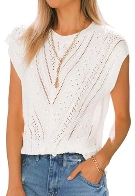 Produktbild von Kurzarm-Top für Damen, Rundhals-Shirt, leichter Häkelpullover