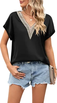 Image de ASKSA T-Shirt Femme Eté Satin Dentelle Col V Hauts Elégants Chemisiers Casual Tops, Noir, Taille : XXL