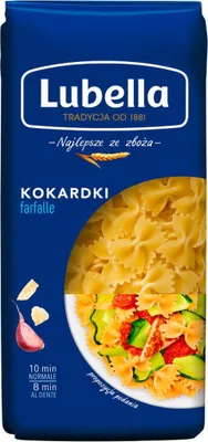 A package of Lubella Farfalle pasta with a serving suggestion.