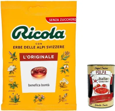 Produktbild von 12x Ricola L'originale, Erbe Balsamiche bonbon Balsamico-Kräuter 13 Kräutern ohne zucker 70g + Italian Gourmet polpa 400g