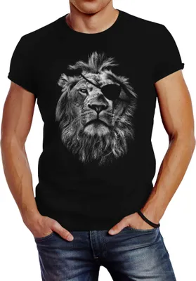 Produktbild von Cooles Herren T-Shirt Löwe Print Aufdruck Motiv Slim Fit Neverless® schwarz 3XL