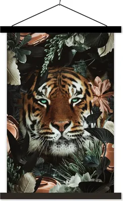 Produktbild von MuchoWow® Textilposter Tiger - Botanisch - Blumen 120x180 cm mit schwarzem Rahmen - Fotos