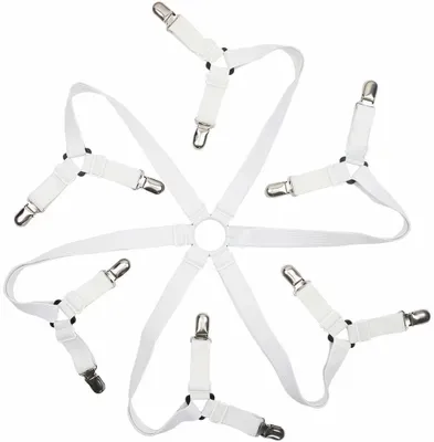 Produktbild von 6 Seiten Einstellbar Elastisch Bettlakenspanner mit Metallklammern, Cross Bettwäsche Hosenträger, Passend für Alle Größen Runde und Quadratische Matratzen,3-Fach(Weiß)