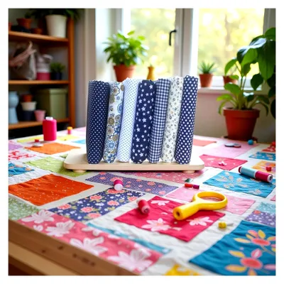 Produktbild von Baumwollstoff für Patchwork, Nähen, Scrapbooking, Quilten, Blumen- und Punktemuster, 25 x 25 cm, Blau, 7 Stück