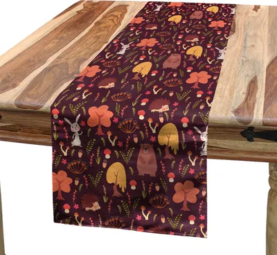 Produktbild von ABAKUHAUS Herbst Tischläufer, Lustige Waldtiere Fall Buddies Bär Kaninchen, 40 x 180 cm, Maroon und Mehrfarbig