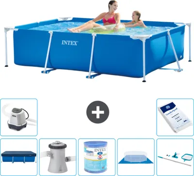 Produktbild von Intex-Schwimmbecken mit rechteckigem Rahmen – 220 x 150 x 60 cm – Blau – im Lieferumfang enthalten Abdeckung - Filterpumpe für Schwimmbad - Filter - Bodenplane - Reinigungskit - Salzwassersystem