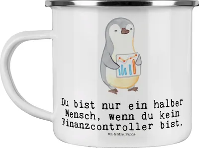 Produktbild von Mr. & Mrs. Panda Teetasse Finanzcontroller Herz - Weiß - Geschenk, Tasse Emaille, Pott, Blechtasse, Becher, Teebecher