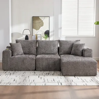 Produktbild von 102'' Komprimiertes modulares Ecksofa, Grau knochenlos mit Getränkehalter, L-förmig mit tiefer Sitzfläche, keine Montage, 261×165×80.5 cm