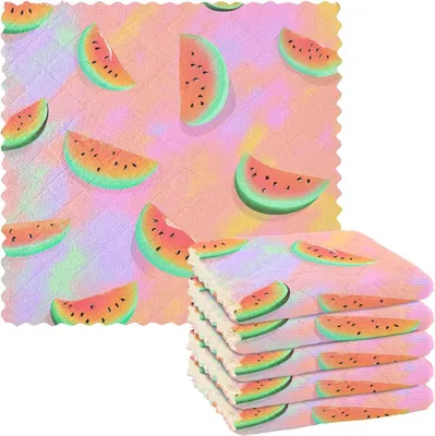 Produktbild von Geschirrtücher mit lustigen Tiermotiven und Wassermelonen-Batik in Pastellrosa, weiche Frottee-Tücher für die Küche zum Trocknen von Geschirr und Händen, 6 Stück, 27,9 x 27,9