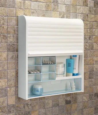 Produktbild von Medizinschrank mit Jalousie, Kindersicherung und 14 Fächern, 42x48x10 cm (BxHxT)