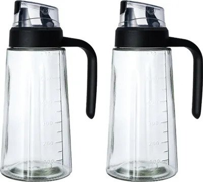 Produktbild von Ölflasche aus Glas, 630 ml, Essig- und Ölspender, großvolumige Glasflasche, großer Olivenölspender, mit transparenter Skala (schwarz, 2er-Pack)
