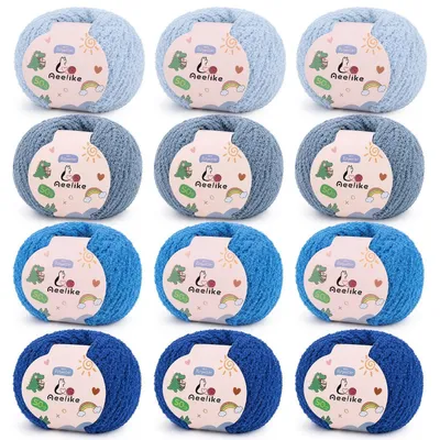 Obrázok produktu pre Súprava priadze Chenille, 600 g (12 x 50 g), modrá, polyester, hrúbka 5 mm, vhodná na háčkovanie a pletenie