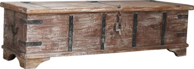 Produktbild von Vintage Holzbox,Holztruhe im Kolonialstil, Couchtisch, Kaffeetisch aus Massivholz - Modell 52, Braun, 40*142*40 cm, Truhen, Kisten, Koffer