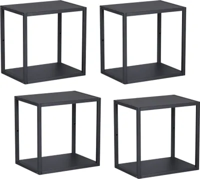 Four identical black cube-shaped shelves are arranged in a 2x2 grid against a white background.