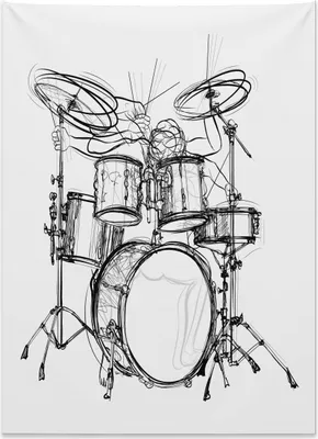 Produktbild von Abakuhaus Rockmusik Wandteppich, Schlagzeuger-Gekritzel-Kunst aus Weiches Mikrofaser Stoff Kein Verblassen Klare Farben Waschbar, 110 x 150 cm, Weiß Schwarz