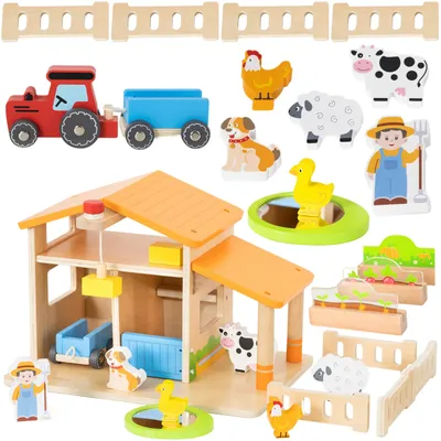 Zdjęcie produktu dla VIGA Drewniana Farma Dom Farmera Z Ogródkiem I Traktorem 21 el