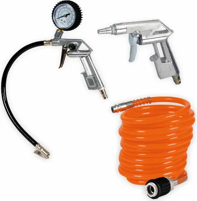 A set of air compressor accessories, including two air guns and a coiled hose, arranged on a white background.