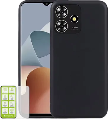 A black silicone phone case and screen protector are displayed against a white background.