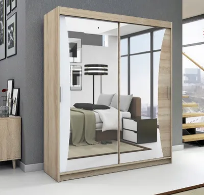 Produktbild von Schwebetürenschrank, 2-türig Schrank mit Spiegel! Moderne Garderobe für Kleidung. Verschiedene Farben (Weiß, Schwarz, Somona) Kleiderschrank NIKO 180 cm