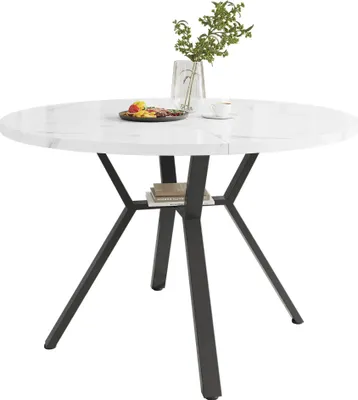 Obrázek produktu pro Mramorový stůl – kulatý jídelní stůl – Ø 100 cm – skandinávský styl – kovová konstrukce – pro 4 osoby – k samostavbě – bílý