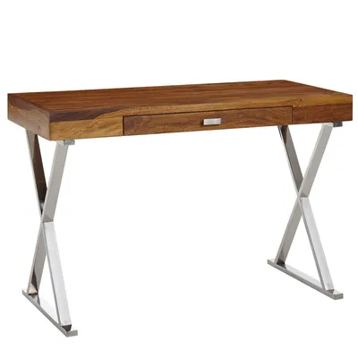 Produktbild von Schreibtisch 120x55x78 cm Sheesham Massivholz / Metall Chrom | Design Bürotisch mit Schublade | HomeOffice Laptoptisch Computertisch mit Stauraum