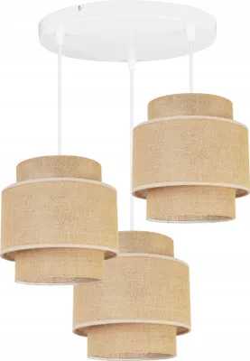 Produktbild von Boho Hängelampe - Deckenlampe - Pendelleuchte aus Metall mit Lampenschirm aus Stoff - E27 - 3-Flammig Oval - Weiß Basis und Jute