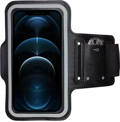 A black sport armband for a smartphone, with a smartphone inserted.