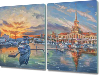 Produktbild von Coloray Hackbrett Küchenbrett Kochplattenabdeckung Schneidebrett Herdabdeckplatte 2x40x52 cm - Schiffe Sonnenuntergang