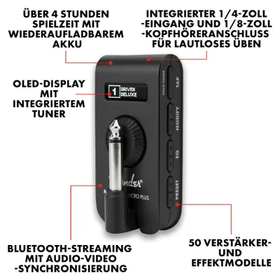 Produktbild von Fender Mustang Micro Plus Gitarrenverstärker, Persönlicher Kopfhörerverstärker mit 25 Verstärkermodellen, 25 Effekten, Bluetooth und 100 Presets, USB