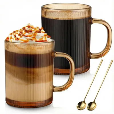 Produktbild von Cappuccino Tassen 2er Set 350ml Latte Macchiato Gläser geriffelt mit Löffel Gold