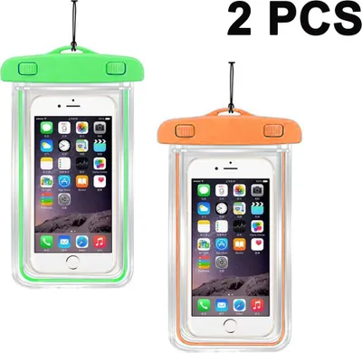 Produktbild von 2er-Pack wasserdichte Handyhš¹llen, universelle Handy-Trockentasche, bis zu 6 Zoll, robuste Unterwasserhš¹lle mit Umh?ngeband fš¹r Pool und Strand (Grš¹n + Orange)