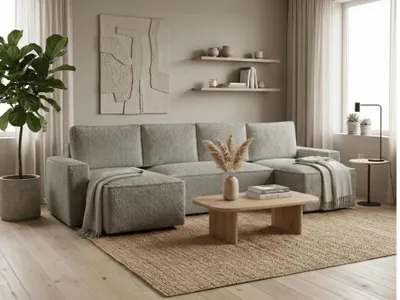 Zdjęcie produktu dla Sofa w kształcie litery U SMART BOUCLE 303x143, szaro-beżowa