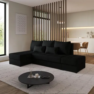 Produktbild von Masseno Ecksofa NORVI mit Schlaffunktion L-Form, Sofa mit Bettkasten, Wohnzimmersofa, Couch, Soffa, Bettsofa, Couchgarnitur- Schwarz, NEVE 100