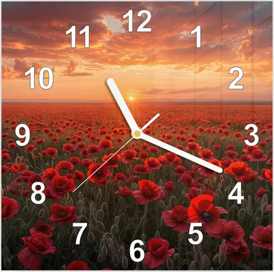 Produktbild von Wanduhr aus Glas mit Motiv Mohnfeld Sonnenuntergang- 30 x 30 cm - inkl. Aufhängesystem